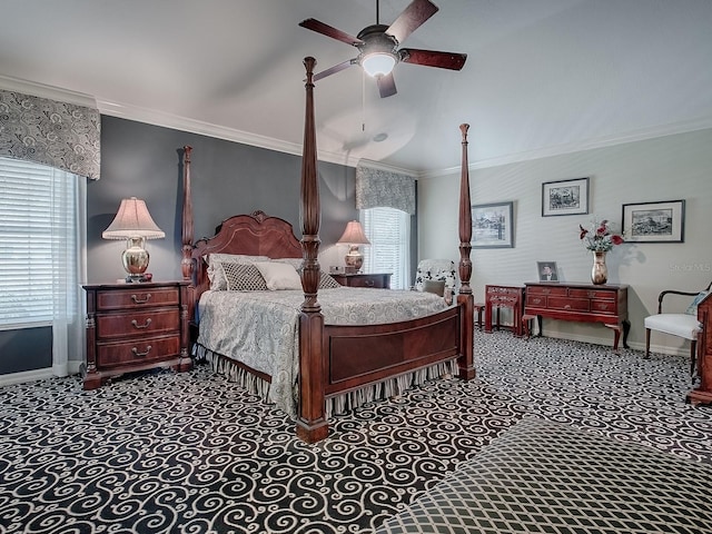 bedroom with ceiling fan, crown molding, multiple windows, and light colored carpet