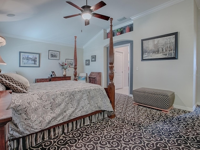 bedroom with crown molding, carpet flooring, lofted ceiling, and ceiling fan