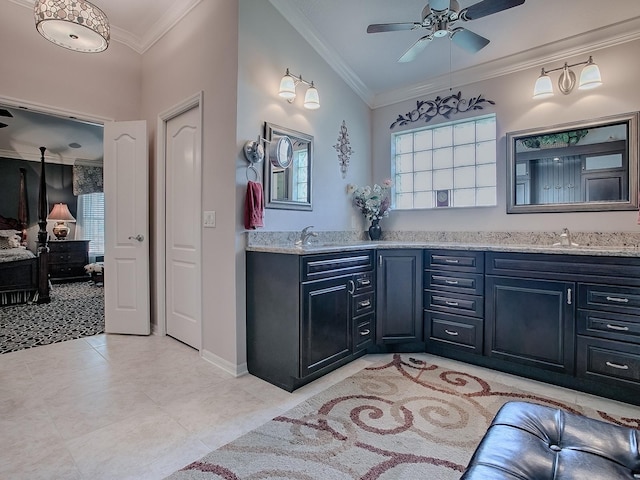 bathroom featuring vanity, crown molding, tile patterned flooring, and ceiling fan