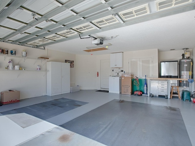 garage with a garage door opener and water heater