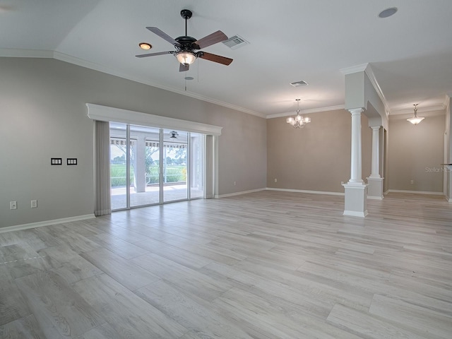 unfurnished living room with crown molding, ceiling fan with notable chandelier, ornate columns, and light wood-type flooring