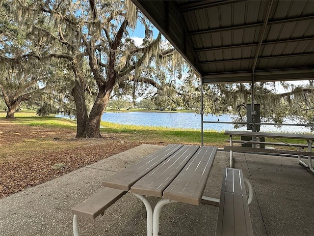 exterior space with a water view