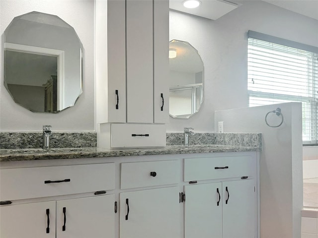 bathroom featuring vanity and a shower with door