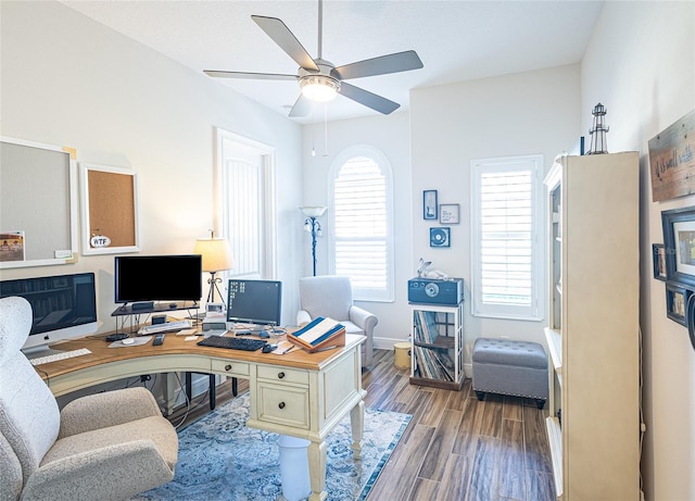 office area featuring ceiling fan and dark hardwood / wood-style floors