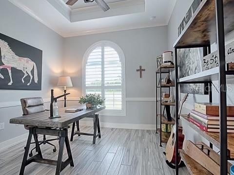 office area featuring ornamental molding, ceiling fan, a raised ceiling, and hardwood / wood-style flooring