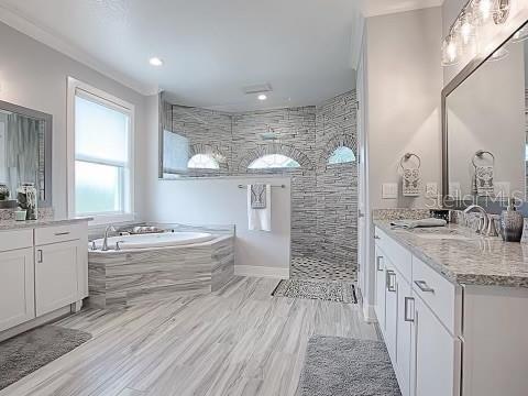 bathroom with vanity, plus walk in shower, and hardwood / wood-style flooring