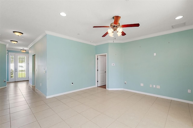 tiled empty room featuring crown molding, french doors, and ceiling fan