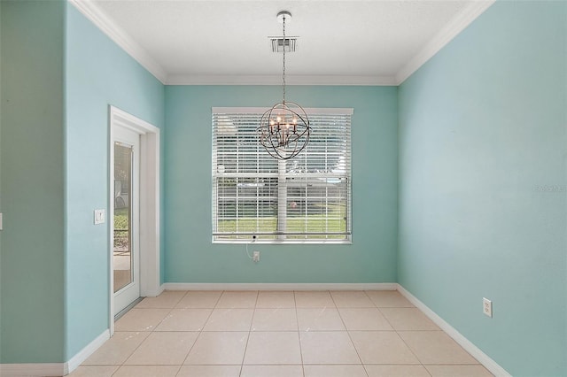 unfurnished dining area featuring light tile patterned floors, crown molding, and a chandelier