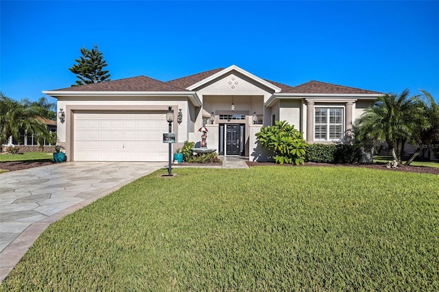 single story home with a front yard and a garage