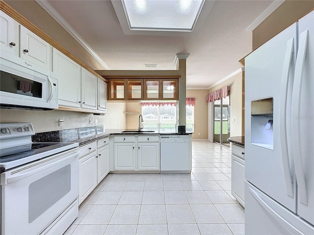 kitchen with white cabinetry, white appliances, sink, and ornamental molding