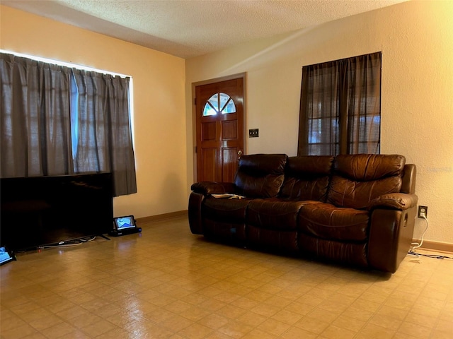 living room featuring a textured ceiling