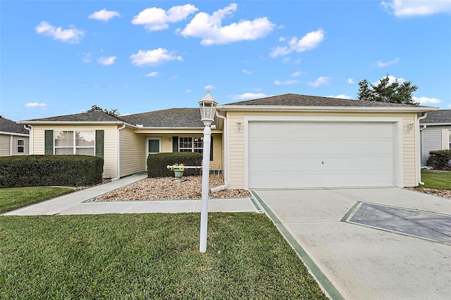 single story home featuring a garage and a front lawn