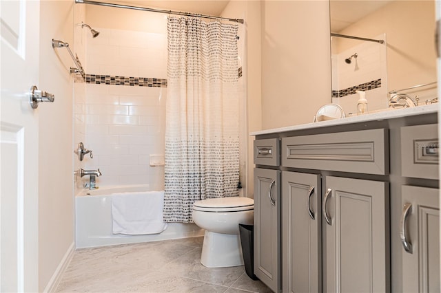 full bathroom featuring vanity, shower / tub combo, toilet, and tile patterned floors