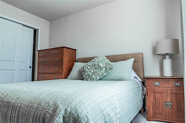 carpeted bedroom featuring a textured ceiling and a closet