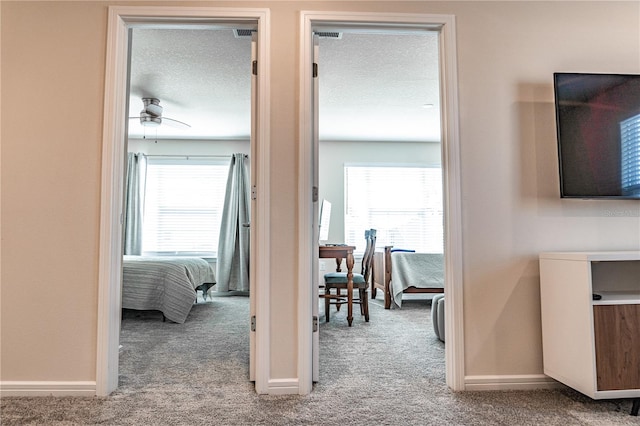 hallway featuring a textured ceiling, light colored carpet, and a wealth of natural light