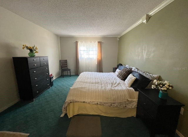 carpeted bedroom featuring a textured ceiling and ornamental molding