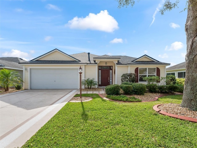 ranch-style home with a front yard and a garage