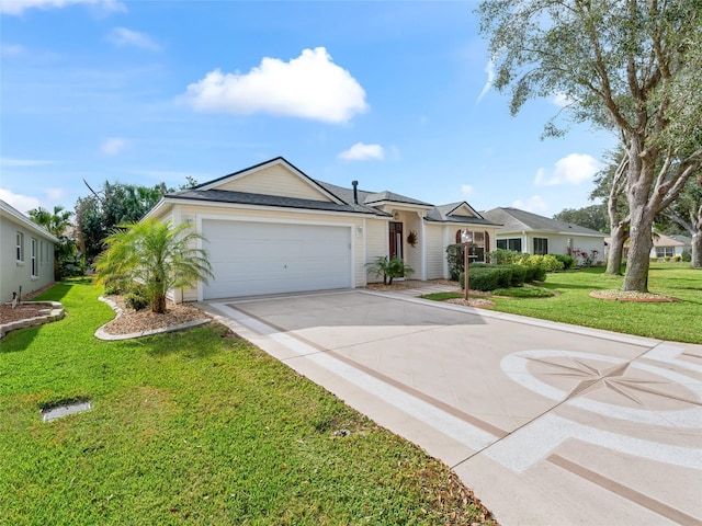 single story home with a front yard and a garage