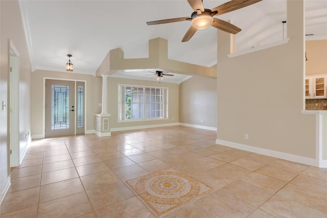 tiled foyer with decorative columns, high vaulted ceiling, ceiling fan, and crown molding