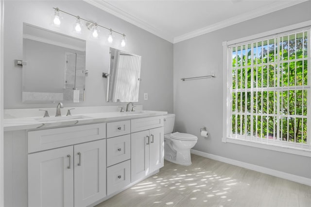 bathroom with vanity, toilet, ornamental molding, and a wealth of natural light