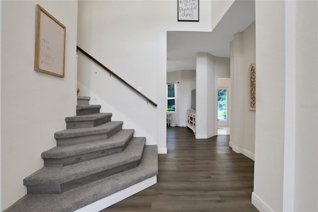 stairs featuring hardwood / wood-style flooring