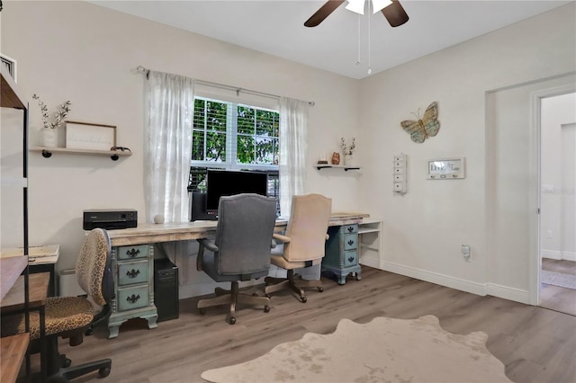 office with ceiling fan, wood finished floors, and baseboards