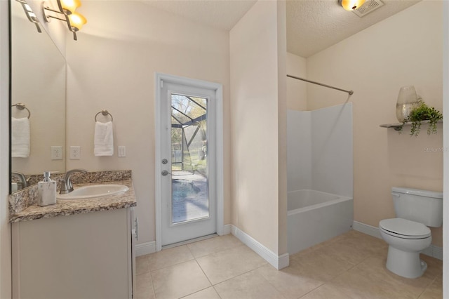 bathroom with visible vents, toilet,  shower combination, tile patterned flooring, and vanity