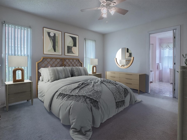 bedroom featuring multiple windows, ceiling fan, and light colored carpet