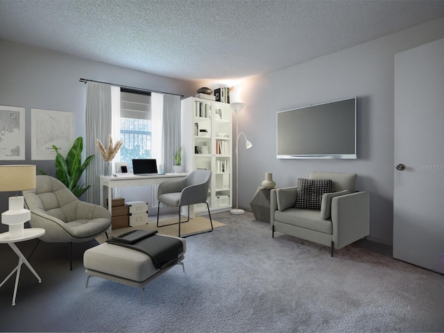 carpeted living room with a textured ceiling