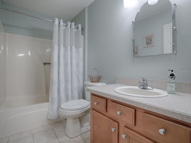 full bathroom with vanity, toilet, a textured ceiling, shower / bathtub combination with curtain, and tile patterned flooring