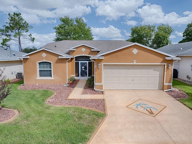 ranch-style home featuring cooling unit, a front lawn, and a garage