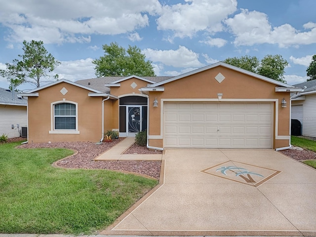 ranch-style house with a front yard and a garage