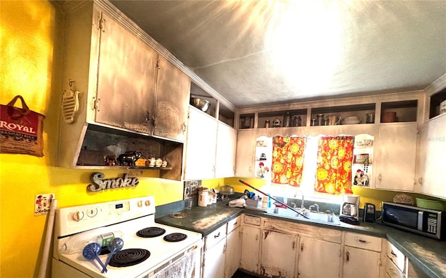 kitchen with electric stove, ornamental molding, and sink