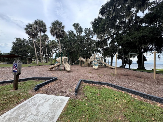 view of play area featuring a water view