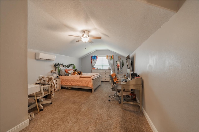 carpeted bedroom with a textured ceiling, lofted ceiling, ceiling fan, and a wall mounted air conditioner