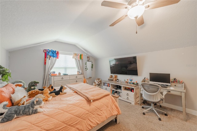 bedroom featuring lofted ceiling, ceiling fan, and light colored carpet