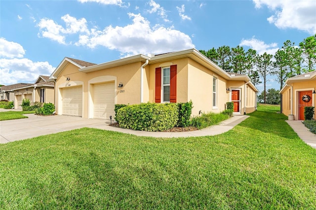 ranch-style house with a front lawn and a garage