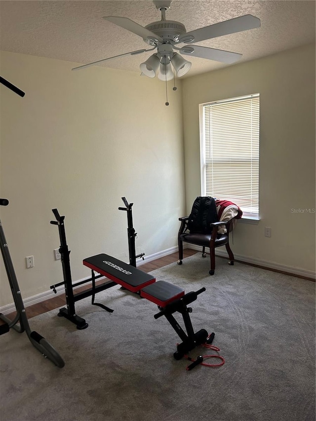 exercise area with carpet, ceiling fan, and a textured ceiling