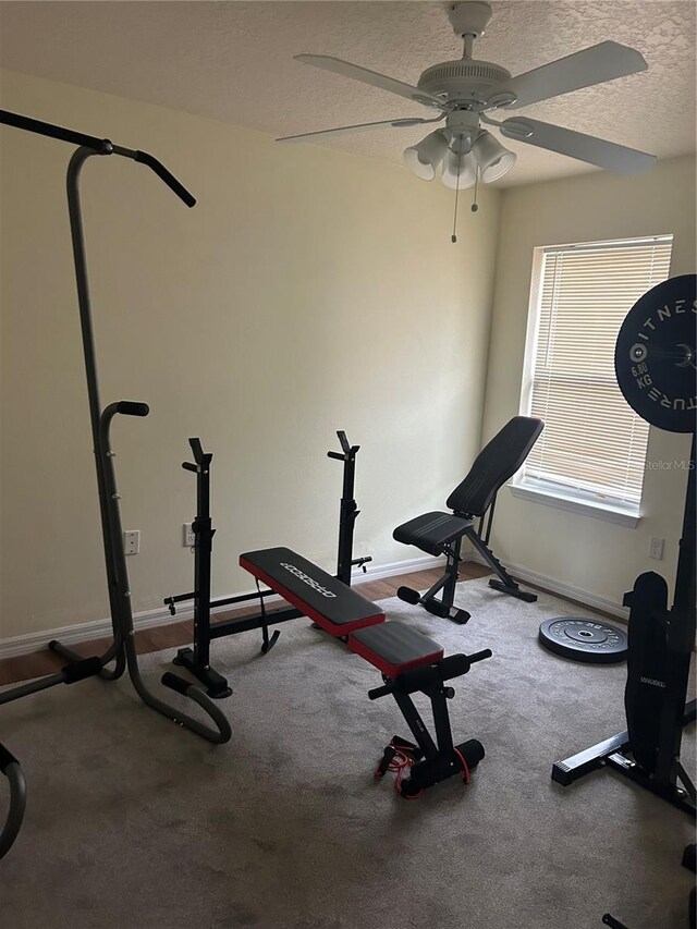 104 Turtle Run, Umatilla, FL 32784 - exercise area featuring carpet flooring, a textured ceiling, a ceiling fan, and baseboards