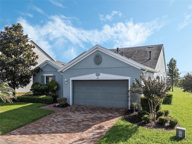 ranch-style house featuring a front lawn and a garage