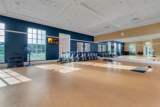 workout area with wood-type flooring and a high ceiling