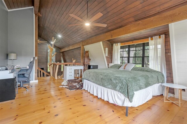 bedroom with wood ceiling, wood-type flooring, vaulted ceiling, and ceiling fan