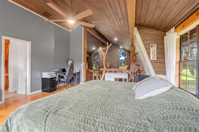 bedroom featuring wood walls, wood ceiling, lofted ceiling with beams, and hardwood / wood-style floors