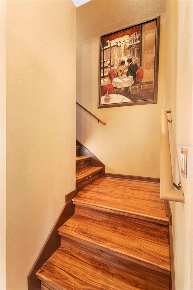 staircase with hardwood / wood-style flooring