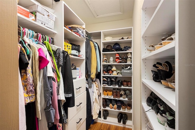 walk in closet featuring light hardwood / wood-style flooring