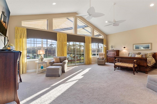 bedroom featuring light carpet, high vaulted ceiling, and ceiling fan