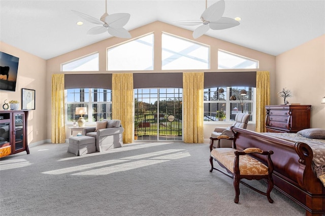 bedroom with light colored carpet, high vaulted ceiling, and ceiling fan