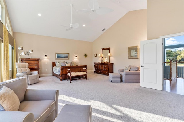 carpeted bedroom featuring ceiling fan, high vaulted ceiling, and access to outside