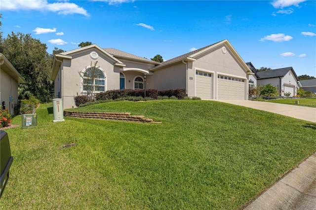 ranch-style house featuring a front yard and a garage