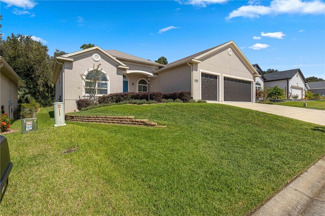 ranch-style home featuring a front lawn and a garage